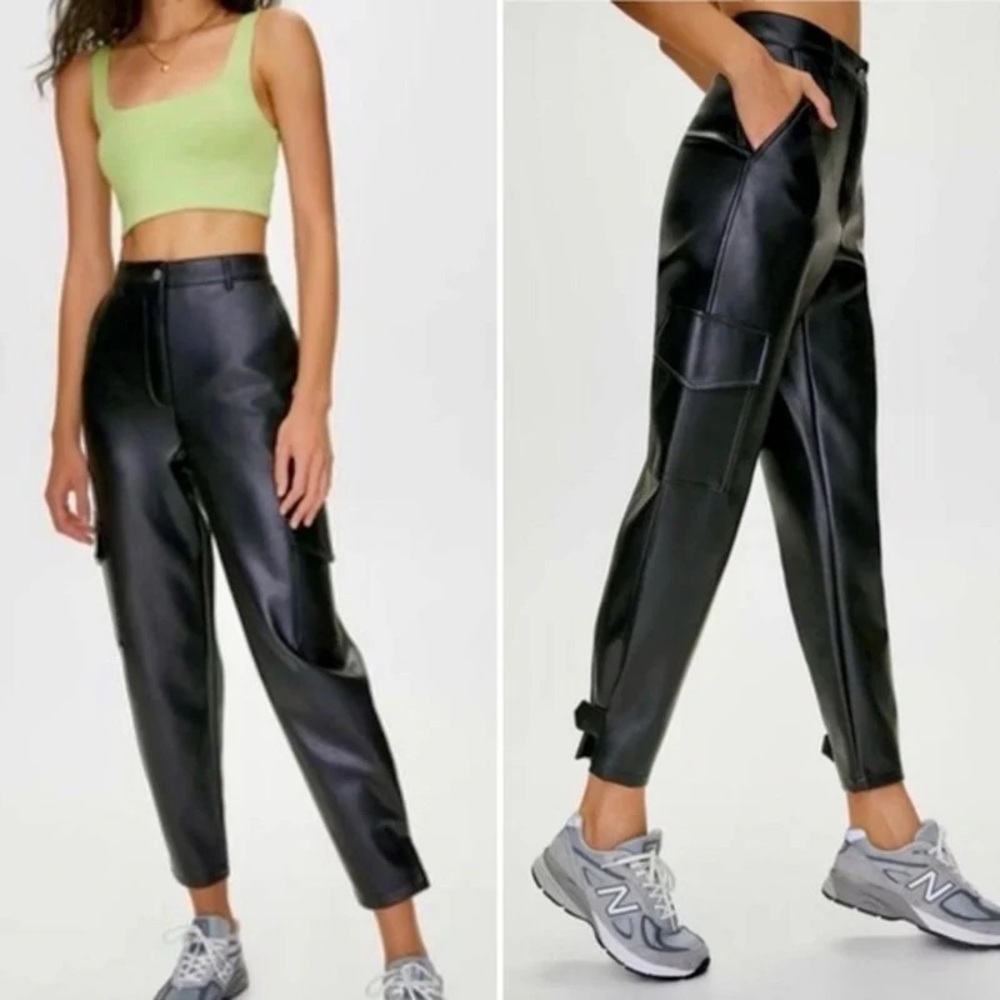 Aritzia Wilfred Faux Leather Modern Cargo Pockets Ankle Pants in Black